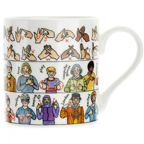 A mug with images showing the BSL alphabet and a few other favourite words