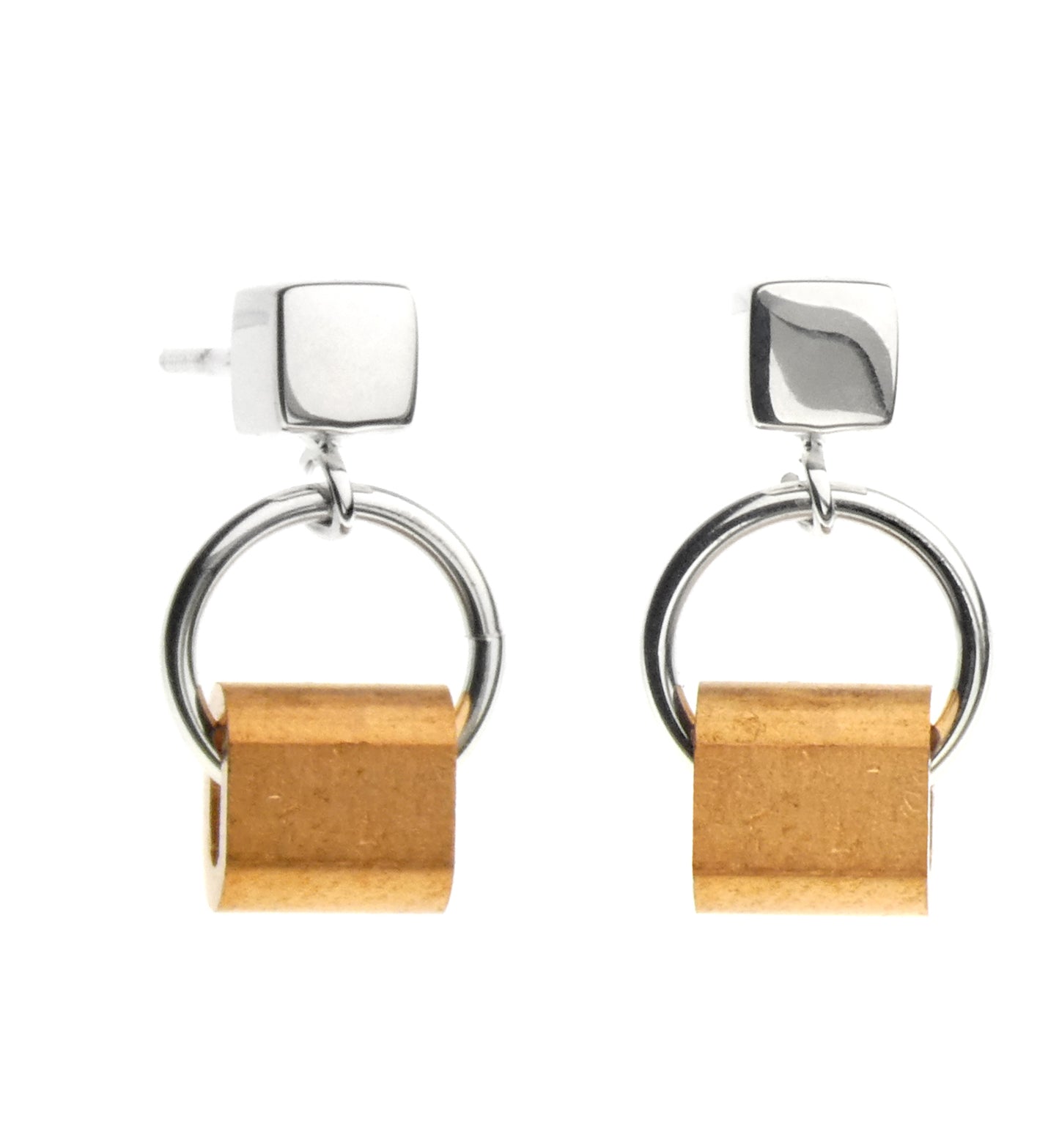 Silver Cube and Copper Earrings