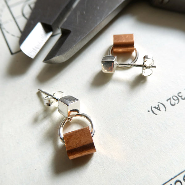 Silver Cube and Copper Earrings