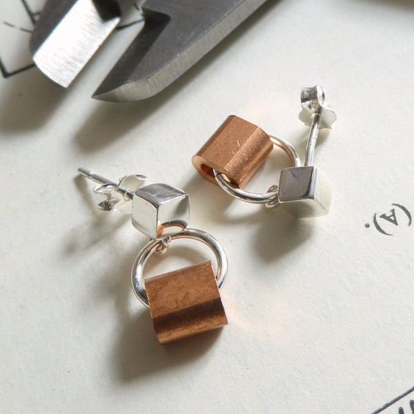 Silver Cube and Copper Earrings